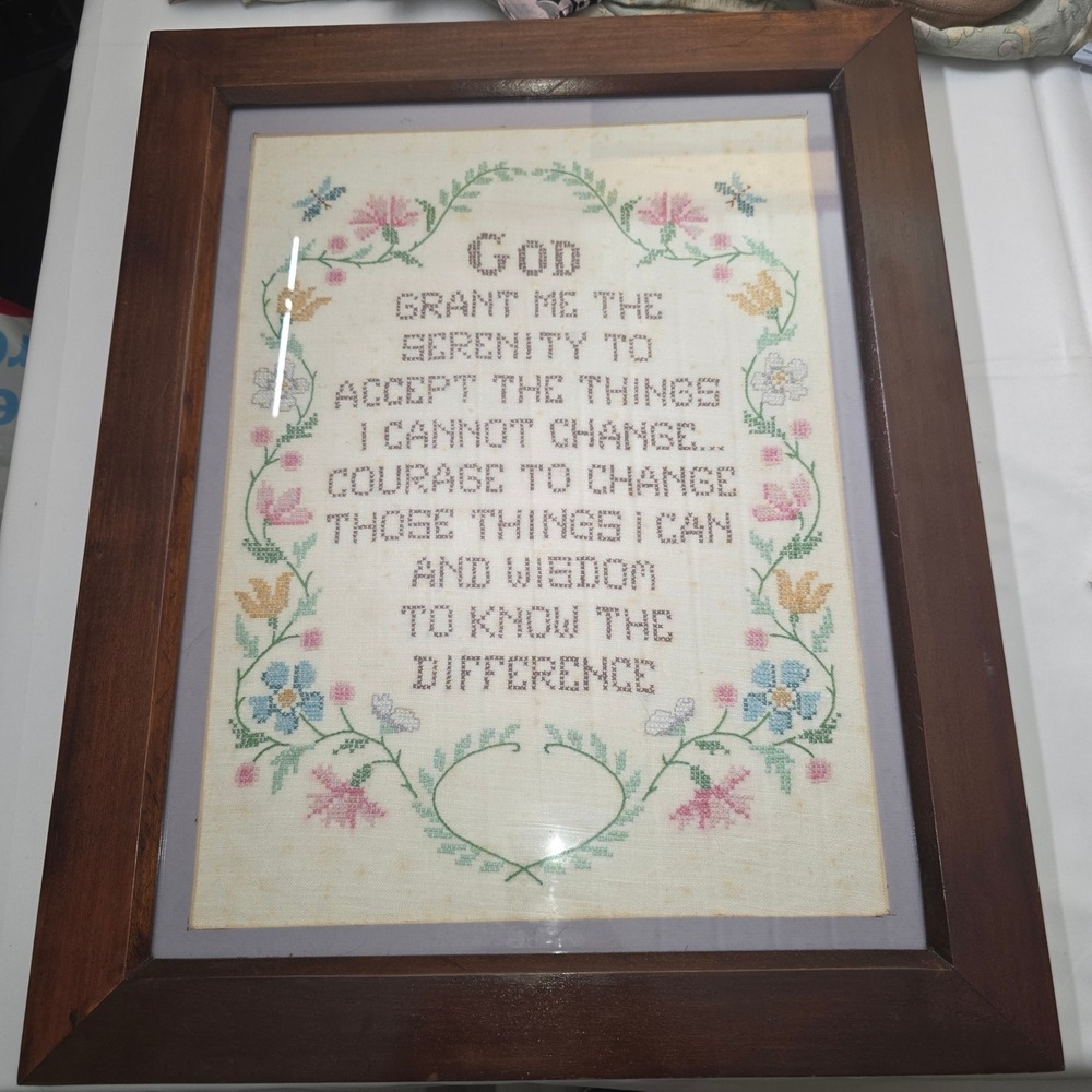Vintage Serenity Prayer Framed Cross Stitch Sampler Floral Wood Frame 22x18 - Picture 1 of 3